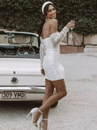 Aelia | Chic Short Sequined Backless Wedding Dress With Long Detachable Sleeves - KissProm