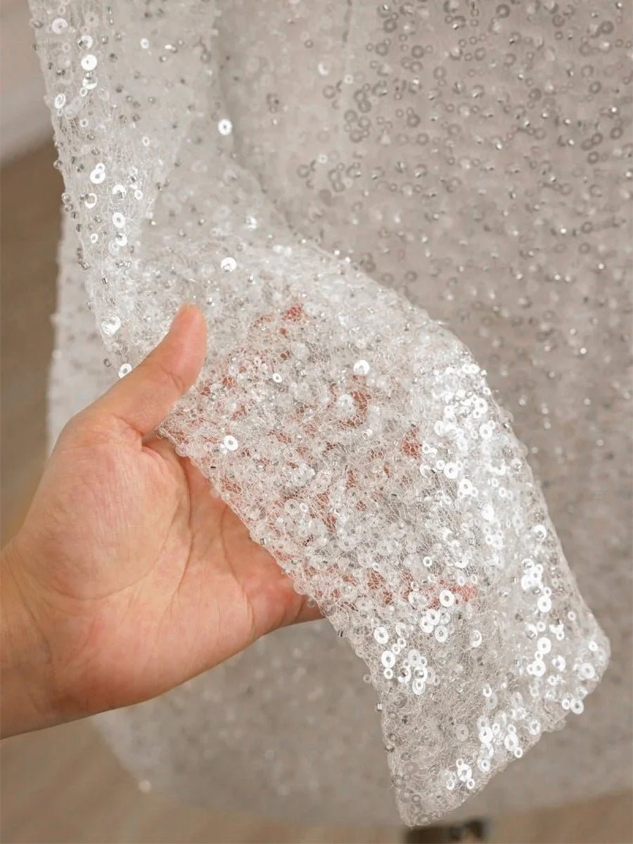 Aelia | Chic Short Sequined Backless Wedding Dress With Long Detachable Sleeves - KissProm