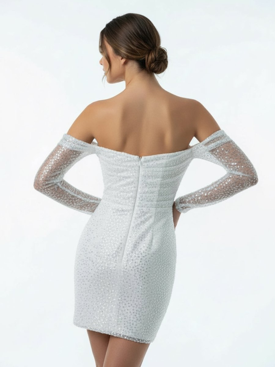 Aelia | Chic Short Sequined Backless Wedding Dress With Long Detachable Sleeves - KissProm