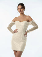 Aelia | Chic Short Sequined Backless Wedding Dress With Long Detachable Sleeves - KissProm