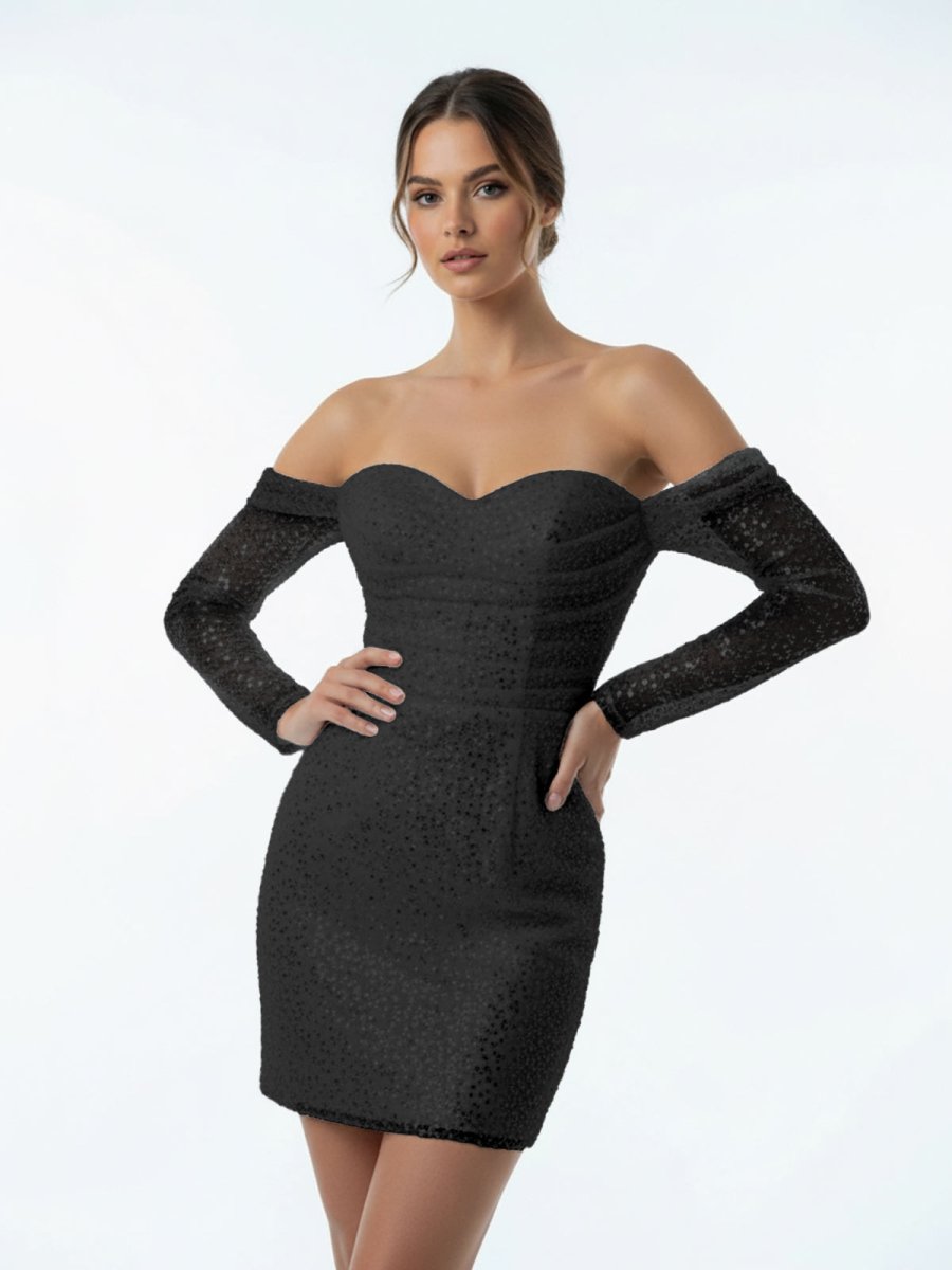 Aelia | Chic Short Sequined Backless Wedding Dress With Long Detachable Sleeves - KissProm