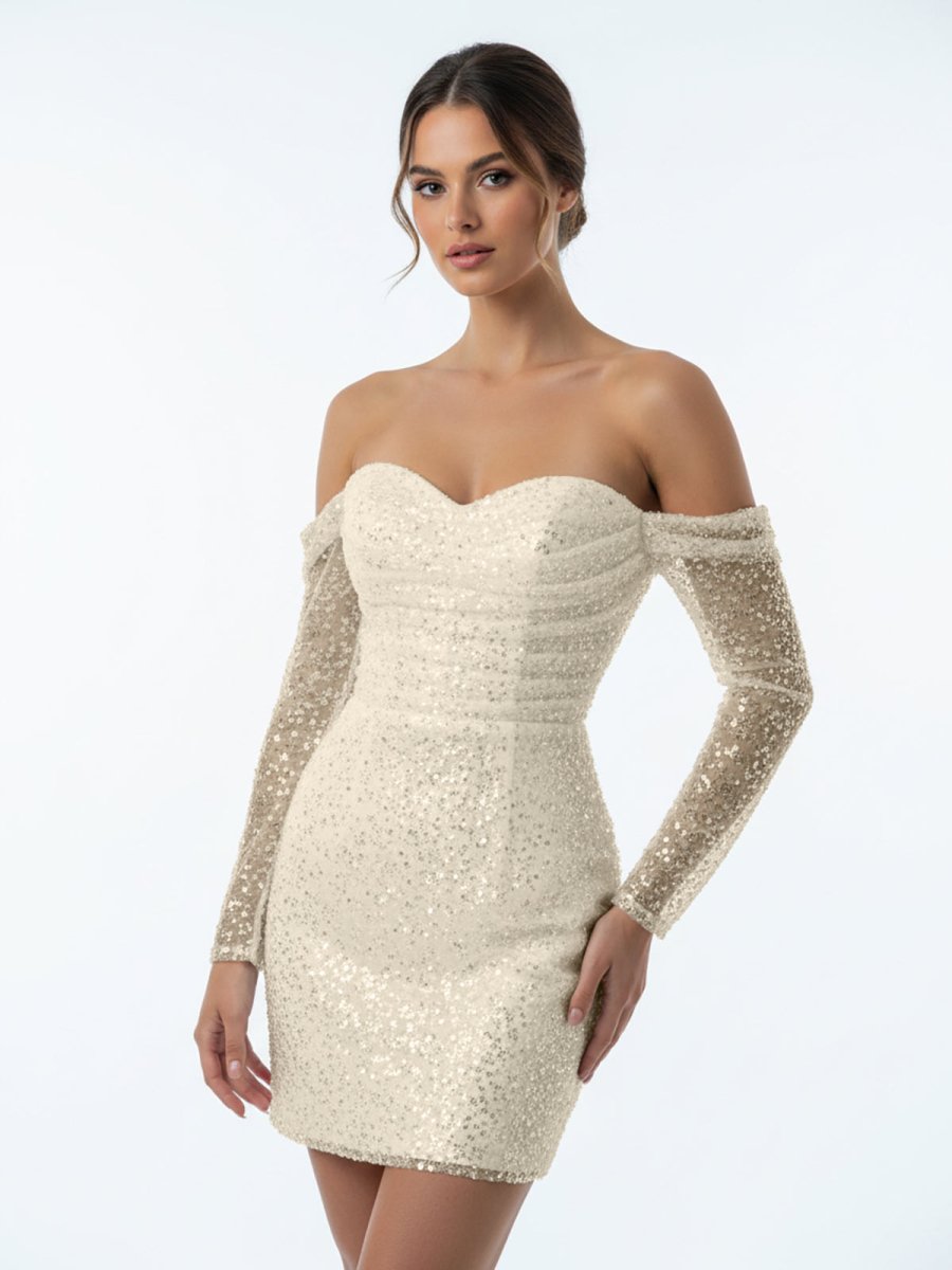 Aelia | Chic Short Sequined Backless Wedding Dress With Long Detachable Sleeves - KissProm