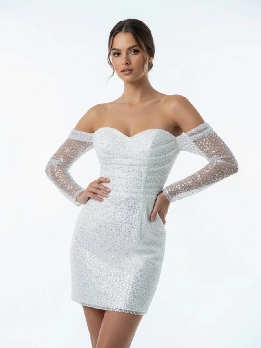 Aelia | Chic Short Sequined Backless Wedding Dress With Long Detachable Sleeves - KissProm