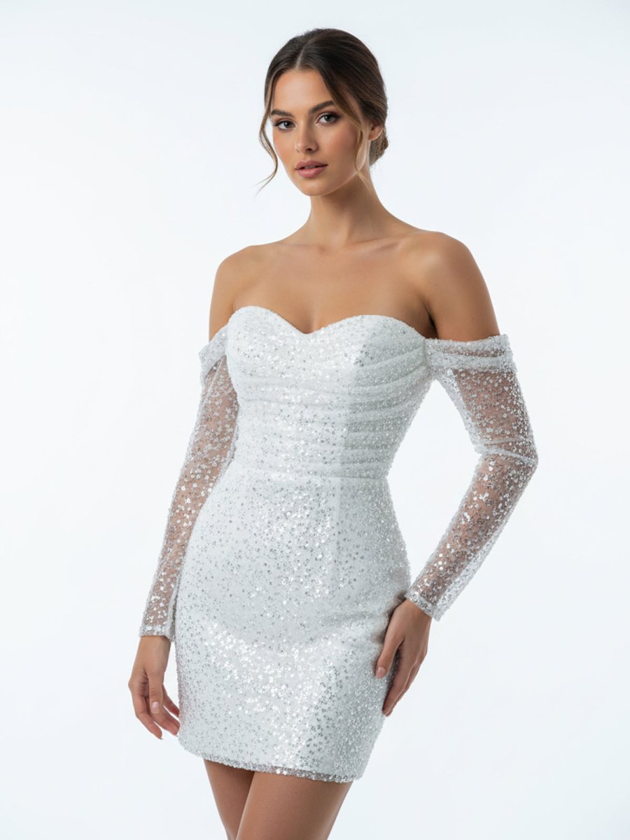 Aelia | Chic Short Sequined Backless Wedding Dress With Long Detachable Sleeves - KissProm