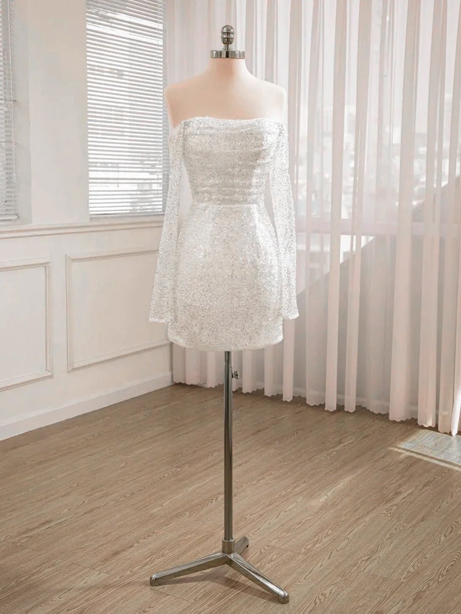 Aelia | Chic Short Sequined Backless Wedding Dress With Long Detachable Sleeves - KissProm
