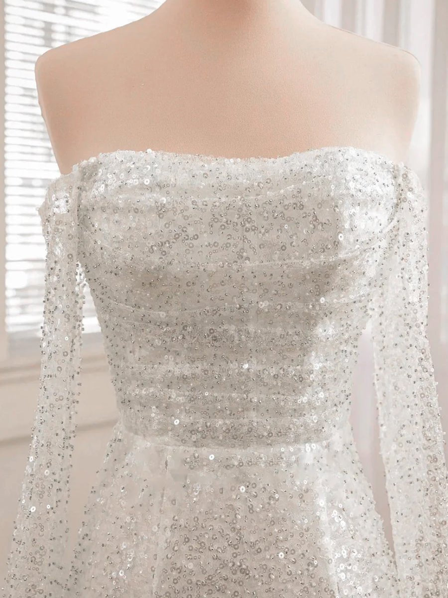 Aelia | Chic Short Sequined Backless Wedding Dress With Long Detachable Sleeves - KissProm