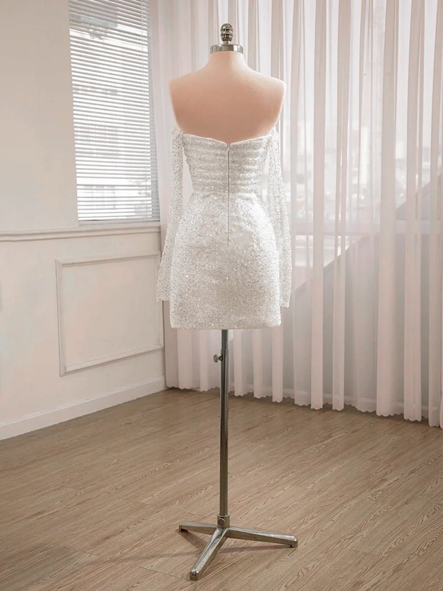 Aelia | Chic Short Sequined Backless Wedding Dress With Long Detachable Sleeves - KissProm
