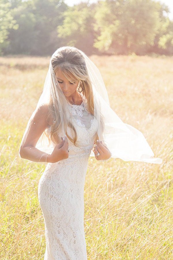 Vintage Tulle With Pearls Short Wedding Veil, Ivory
