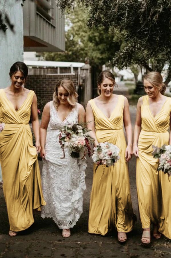 Chic V Neck Sleeveless Long Bridesmaid Dresses Simple Floor Length Bridesmaid Dress, Yellow / 14