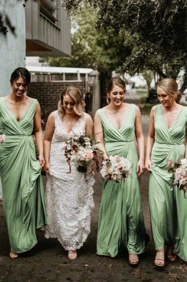 Chic V Neck Sleeveless Long Bridesmaid Dresses Simple Floor Length Bridesmaid Dress Green / 6 Chic V Neck Sleeveless Long Bridesmaid Dresses Simple Floor Length Bridesmaid Dress Green / 6
