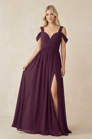 Chiffon A-Line Bridesmaid Dress in Berry with Slit - KissProm BRIDESMAID DRESSES
