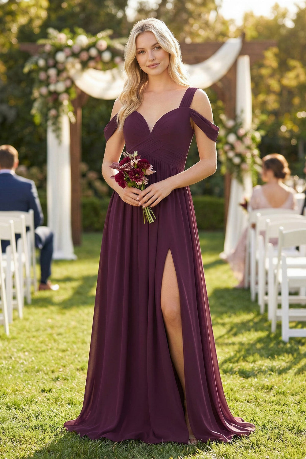Chiffon A-Line Bridesmaid Dress in Berry with Slit - KissProm BRIDESMAID DRESSES