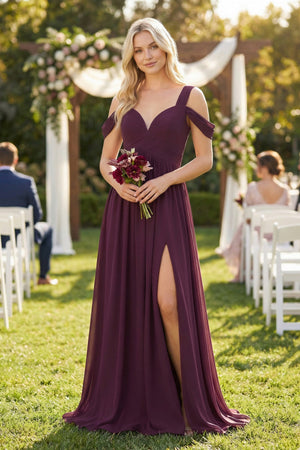 Chiffon A-Line Bridesmaid Dress in Berry with Slit - KissProm BRIDESMAID DRESSES