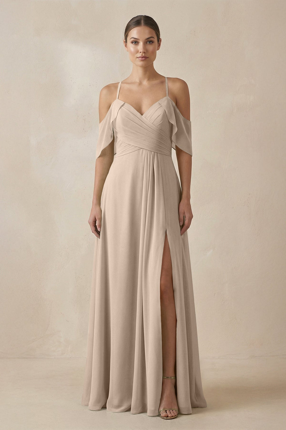 Chiffon A - Line Long Bridesmaid Dress in Almond - KissProm Bridesmaid Dresses