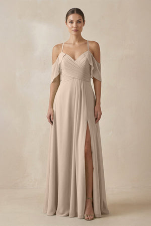 Chiffon A - Line Long Bridesmaid Dress in Almond - KissProm Bridesmaid Dresses
