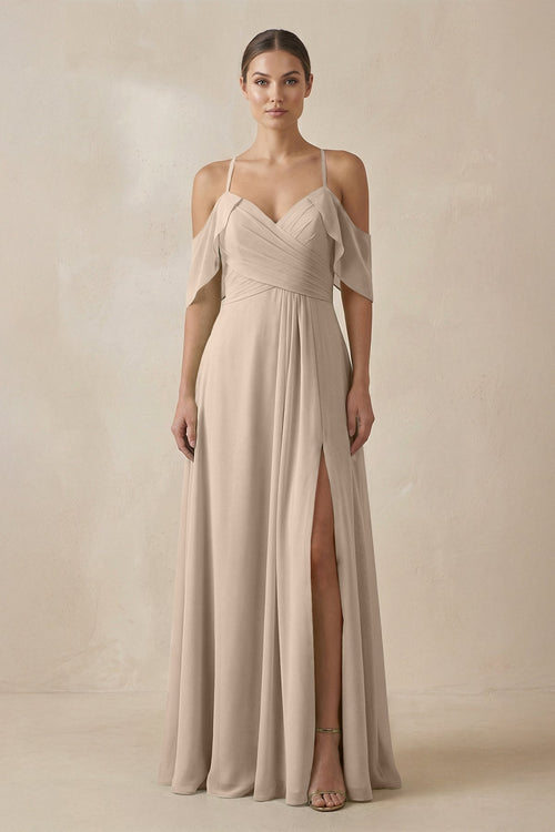 Chiffon A - Line Long Bridesmaid Dress in Almond - KissProm Bridesmaid Dresses