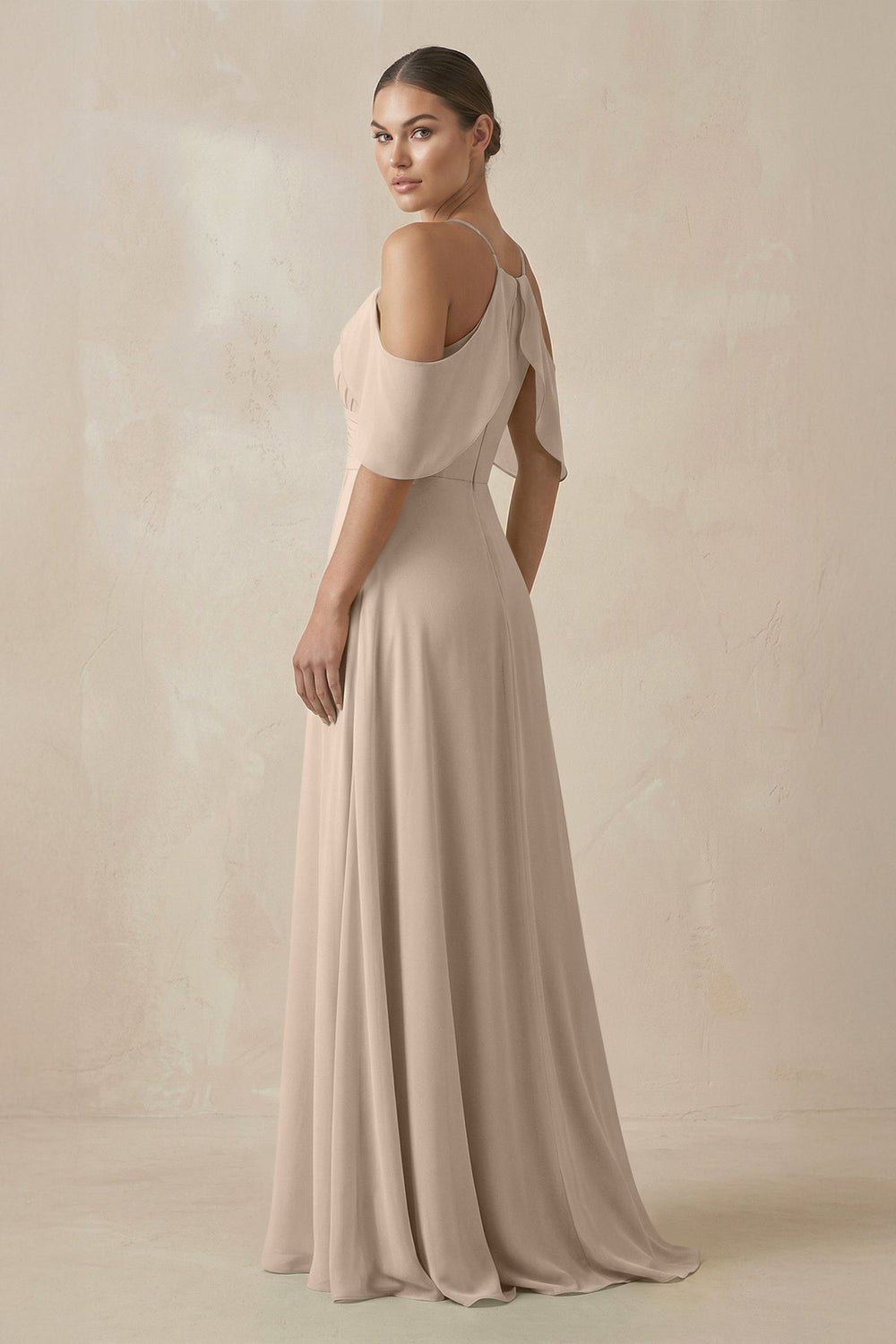 Chiffon A - Line Long Bridesmaid Dress in Almond - KissProm Bridesmaid Dresses