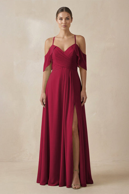 KissProm Chiffon A-Line Long Bridesmaid Dress in Berry, Berry / 28