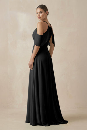 Chiffon A - Line Long Bridesmaid Dress in Black - KissProm Bridesmaid Dresses