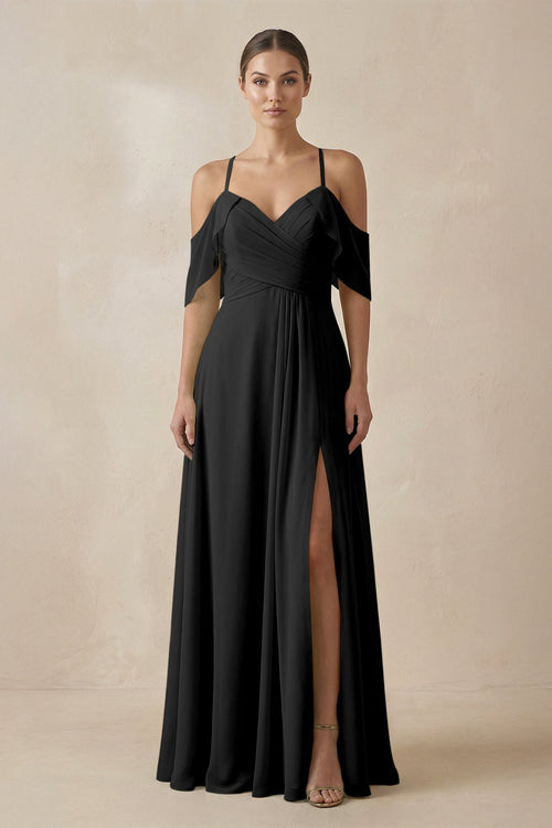 Chiffon A - Line Long Bridesmaid Dress in Black - KissProm Bridesmaid Dresses