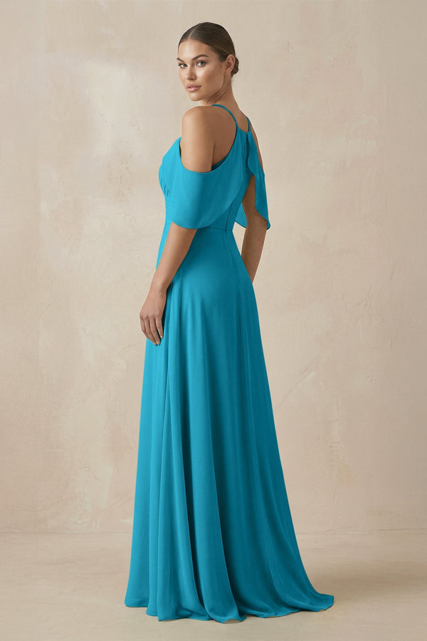 Chiffon A - Line Long Bridesmaid Dress in Blue Jay - KissProm Bridesmaid Dresses