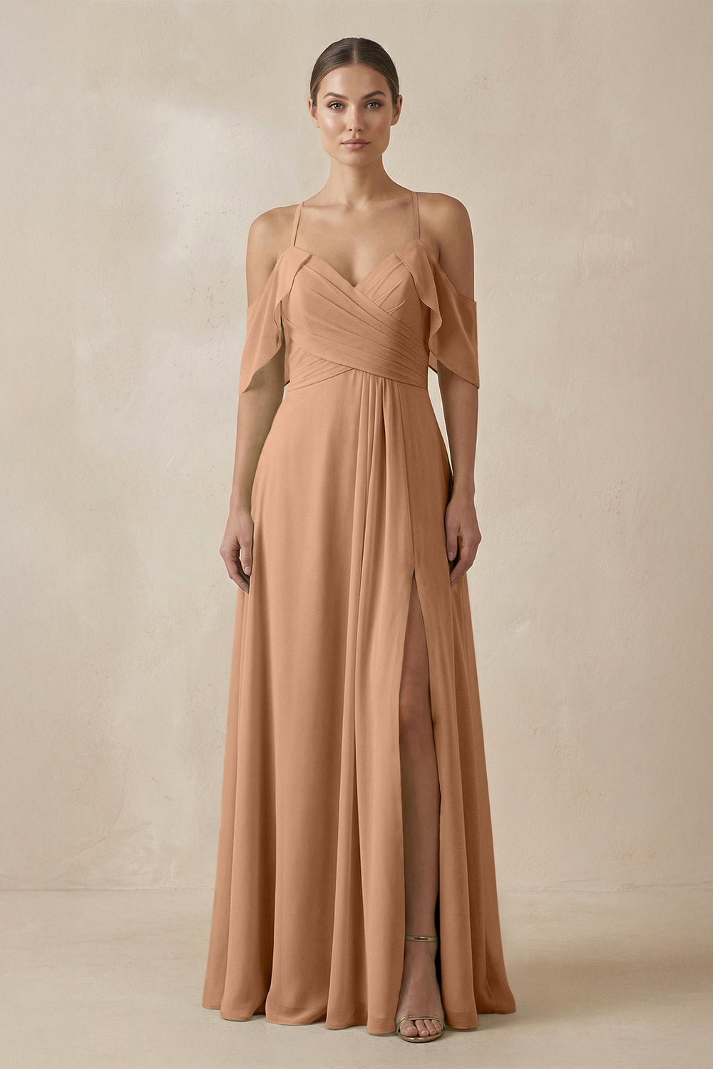 Chiffon A - Line Long Bridesmaid Dress in Bronzer - KissProm Bridesmaid Dresses