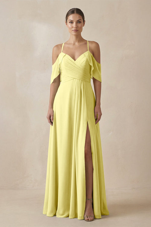 Chiffon A - Line Long Bridesmaid Dress in Buttercup - KissProm Bridesmaid Dresses