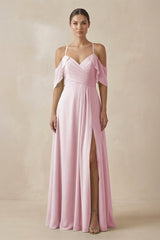 Chiffon A - Line Long Bridesmaid Dress in Candy Pink - KissProm Bridesmaid Dresses