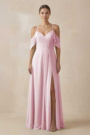 Chiffon A - Line Long Bridesmaid Dress in Candy Pink - KissProm Bridesmaid Dresses