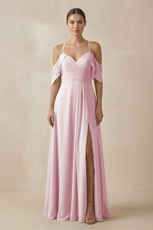 Chiffon A - Line Long Bridesmaid Dress in Candy Pink - KissProm Bridesmaid Dresses
