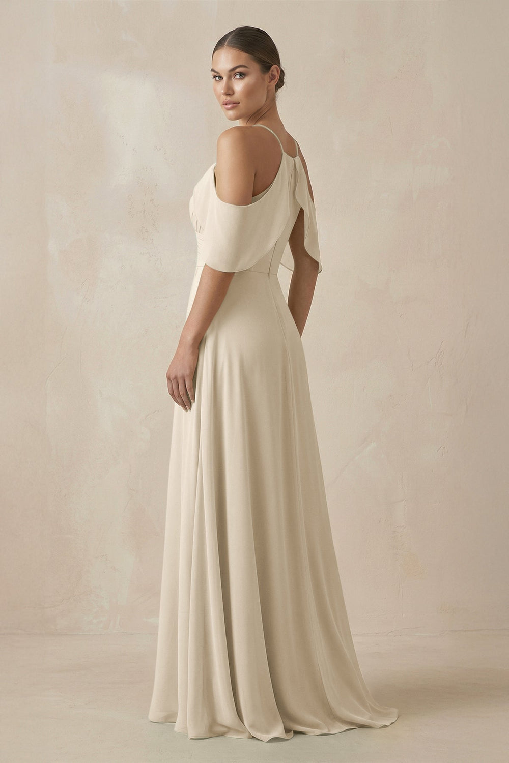 Chiffon A - Line Long Bridesmaid Dress in Champagne - KissProm Bridesmaid Dresses