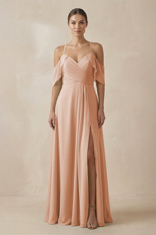 Chiffon A - Line Long Bridesmaid Dress in Champagne Rose - KissProm Bridesmaid Dresses