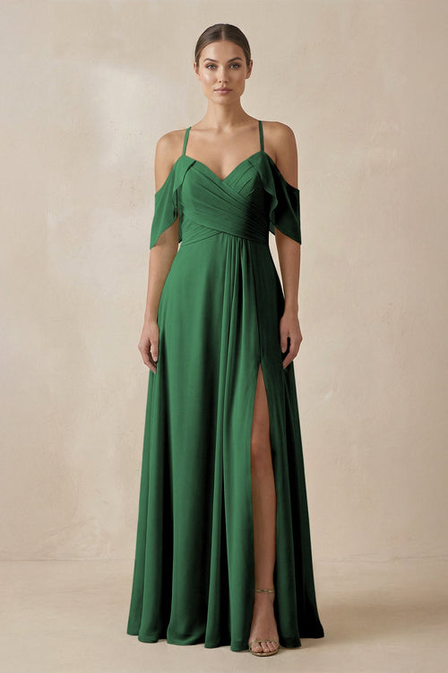 Chiffon A - Line Long Bridesmaid Dress in Dark Green - KissProm Bridesmaid Dresses