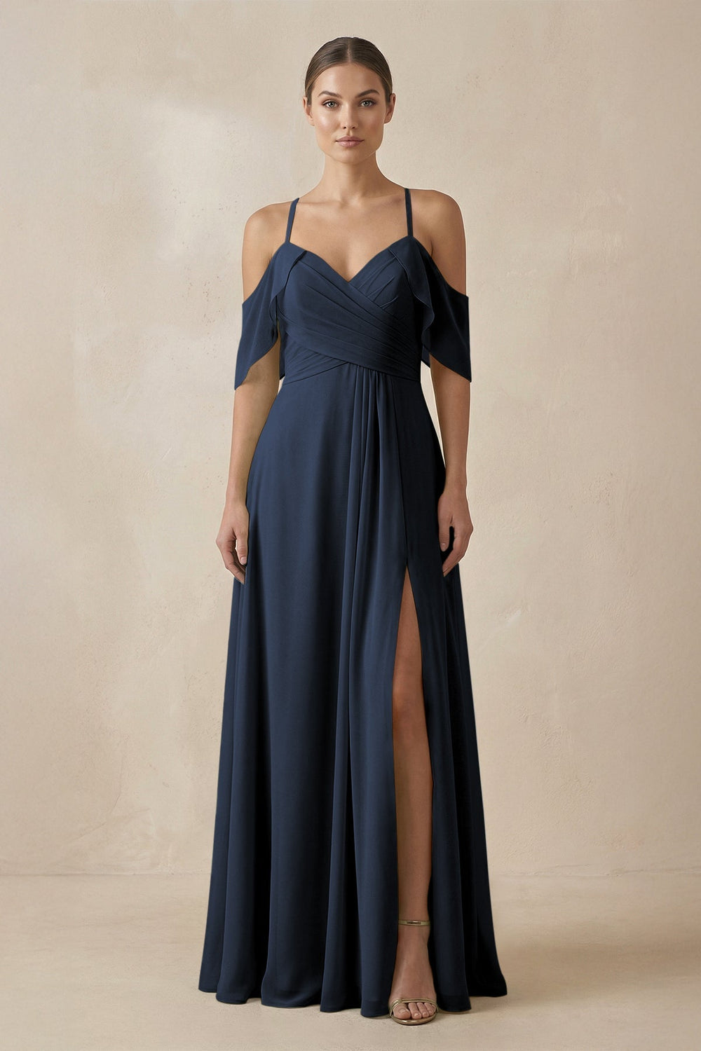 Chiffon A - Line Long Bridesmaid Dress in Dark Navy - KissProm Bridesmaid Dresses