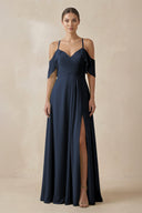 Chiffon A - Line Long Bridesmaid Dress in Dark Navy - KissProm Bridesmaid Dresses