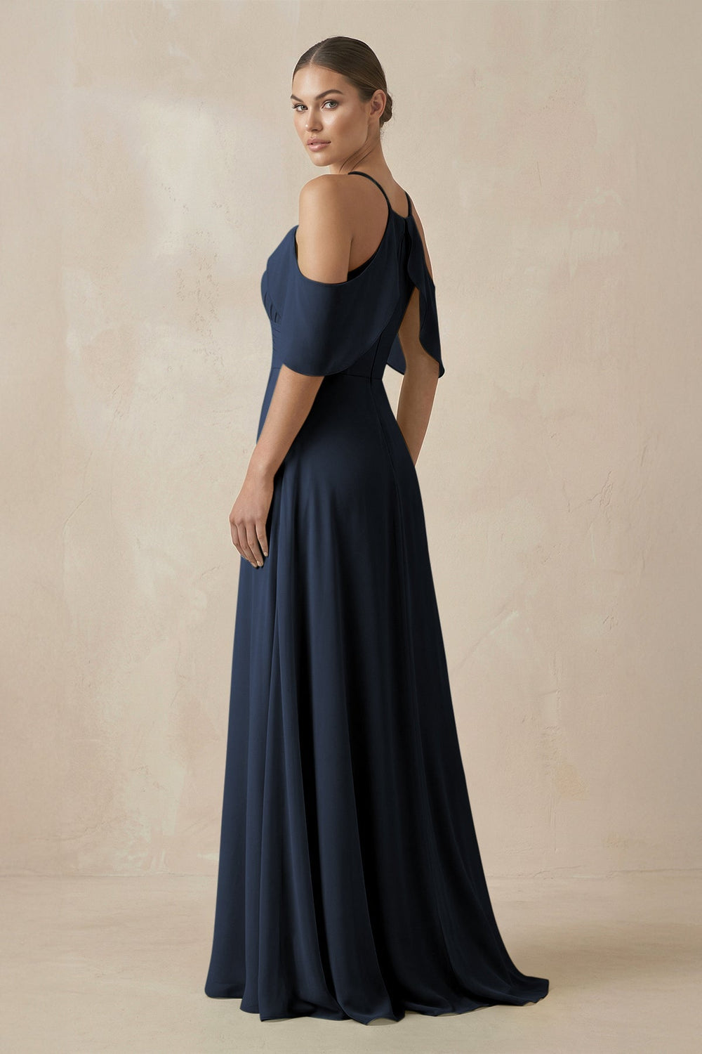 Chiffon A - Line Long Bridesmaid Dress in Dark Navy - KissProm Bridesmaid Dresses