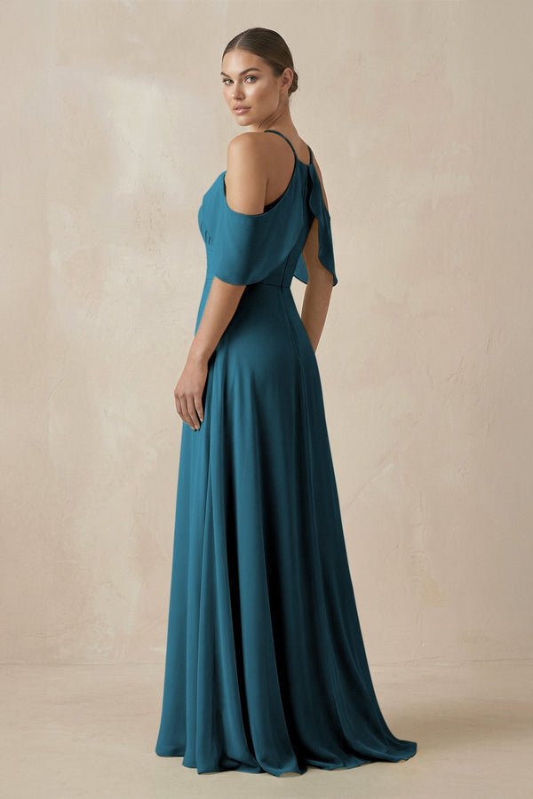KissProm Chiffon A-Line Long Bridesmaid Dress in Dark Teal, Dark Teal / 30