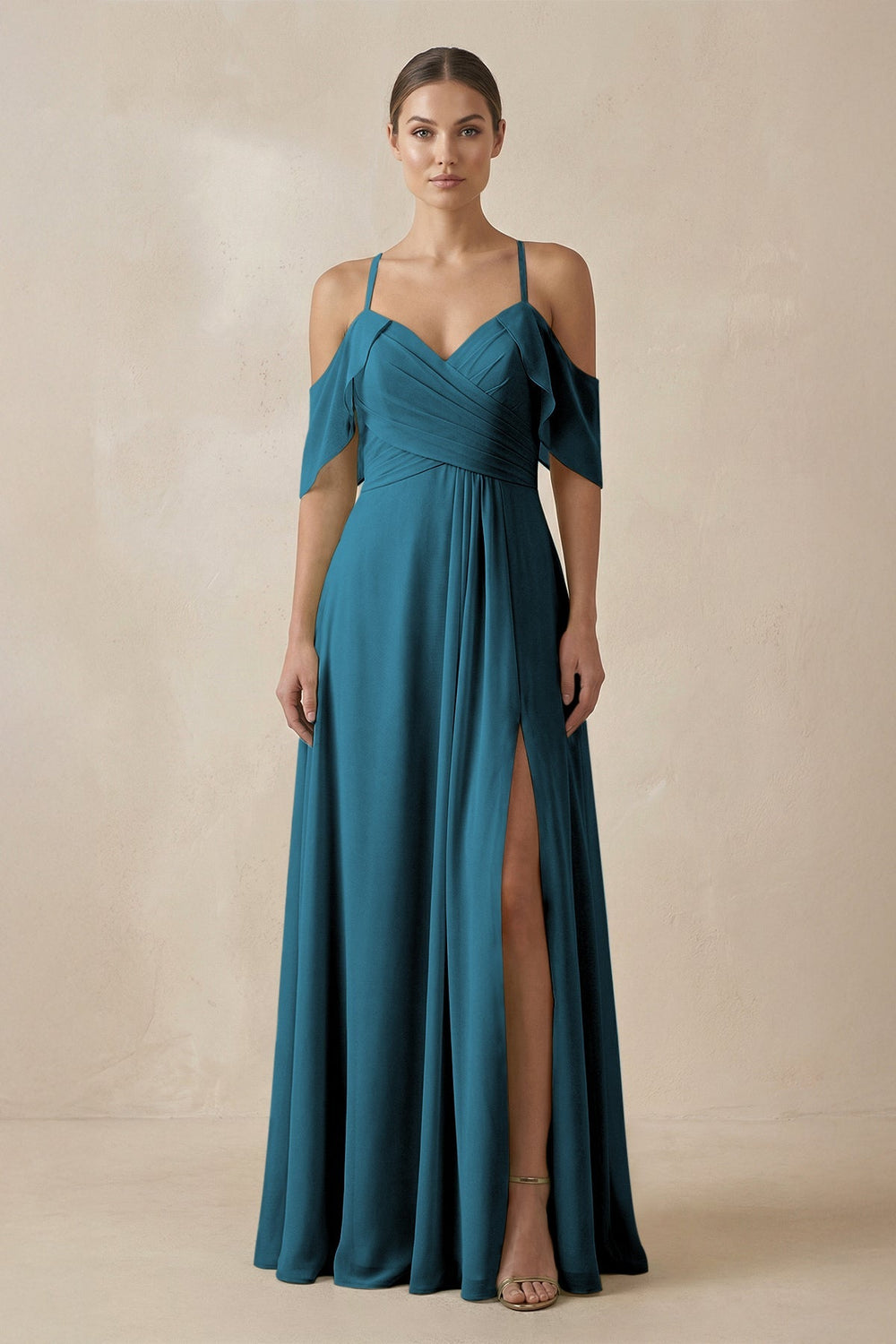 Chiffon A - Line Long Bridesmaid Dress in Dark Teal - KissProm Bridesmaid Dresses