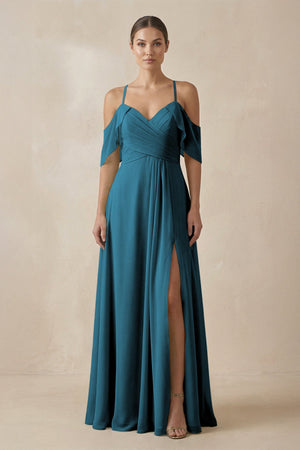 Chiffon A - Line Long Bridesmaid Dress in Dark Teal - KissProm Bridesmaid Dresses