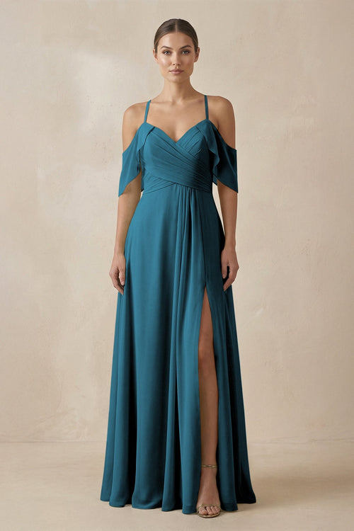 Chiffon A - Line Long Bridesmaid Dress in Dark Teal - KissProm Bridesmaid Dresses
