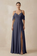 Chiffon A - Line Long Bridesmaid Dress in Dusk Blue - KissProm Bridesmaid Dresses