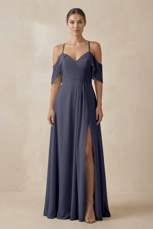 Chiffon A - Line Long Bridesmaid Dress in Dusk Blue - KissProm Bridesmaid Dresses