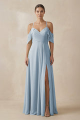 Chiffon A - Line Long Bridesmaid Dress in Dusty Blue - KissProm Bridesmaid Dresses