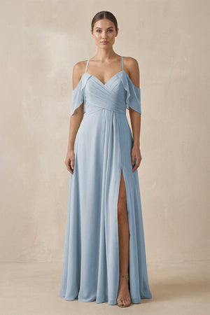 Chiffon A - Line Long Bridesmaid Dress in Dusty Blue - KissProm Bridesmaid Dresses
