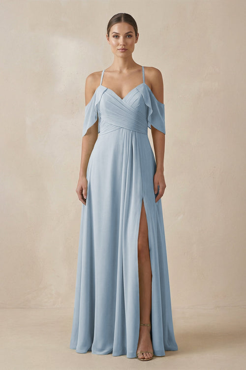 Chiffon A - Line Long Bridesmaid Dress in Dusty Blue - KissProm Bridesmaid Dresses