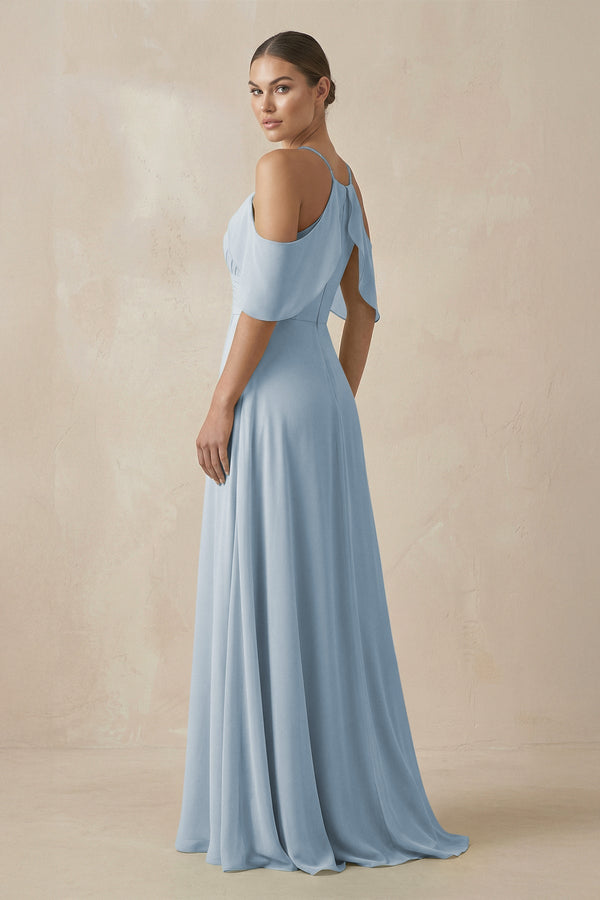 Chiffon A - Line Long Bridesmaid Dress in Dusty Blue - KissProm Bridesmaid Dresses