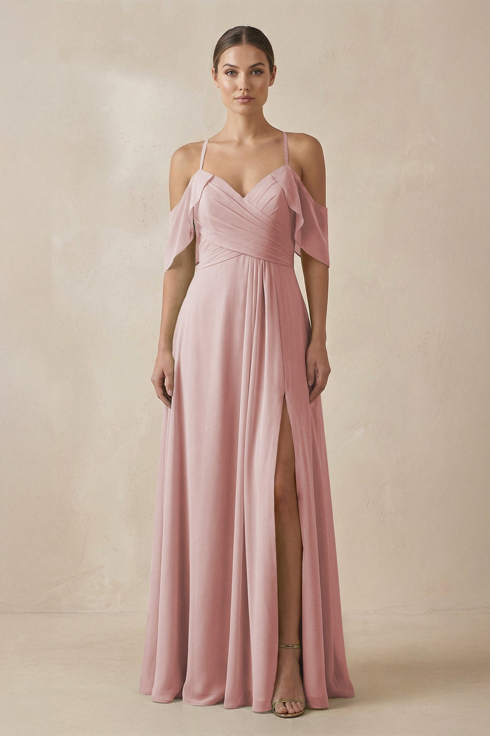 Chiffon A - Line Long Bridesmaid Dress in Dusty Rose - KissProm Bridesmaid Dresses
