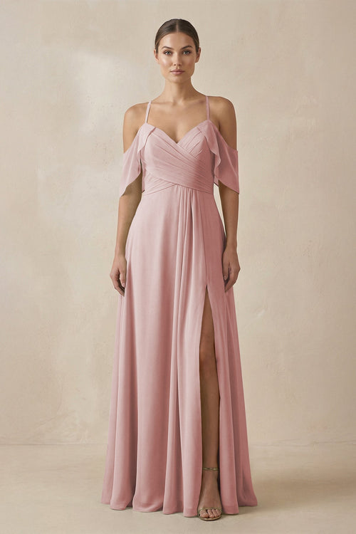 Chiffon A - Line Long Bridesmaid Dress in Dusty Rose - KissProm Bridesmaid Dresses