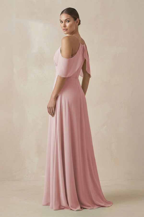 Chiffon A - Line Long Bridesmaid Dress in Dusty Rose - KissProm Bridesmaid Dresses
