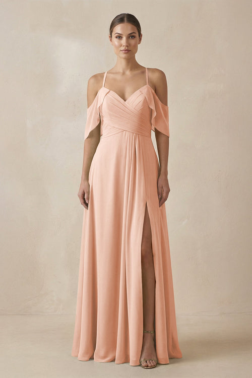 Chiffon A - Line Long Bridesmaid Dress in English Rose - KissProm Bridesmaid Dresses